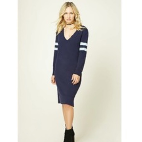 NWT • Forever 21 CONTEMPORARY • V-Neck Knit Sweater Dress w Stripe Sleeve Detail - Picture 2 of 12